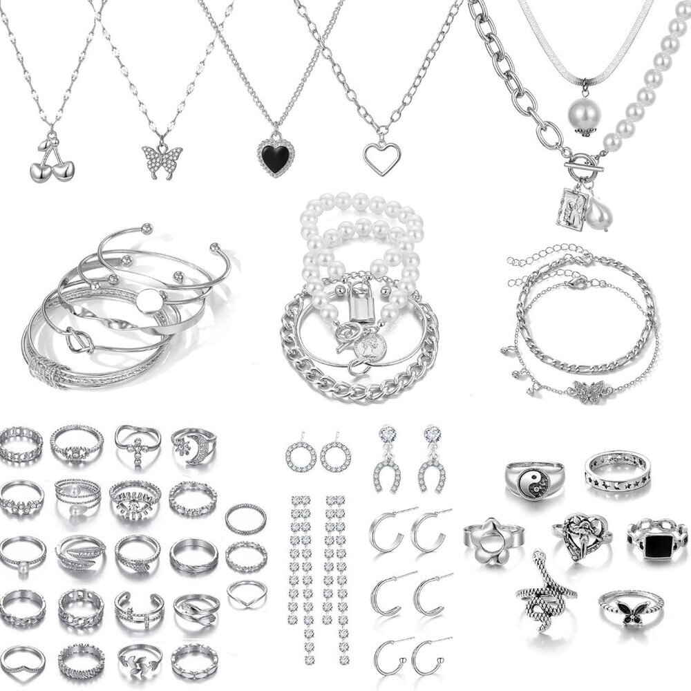 Silver Plated Jewelry Set Vintage Boho Pearl for Women